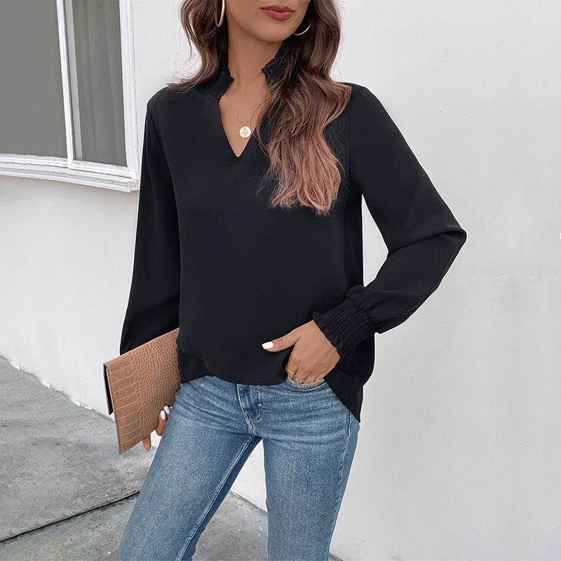 Damen Viskosebluse mit Puffärmeln und V-Ausschnitt