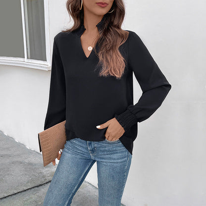 Damen Viskosebluse mit Puffärmeln und V-Ausschnitt