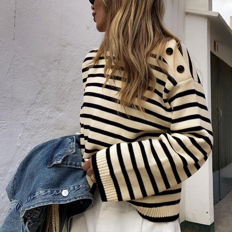 Damen Strickpullover mit Streifenmuster und Knöpfen Eveloria