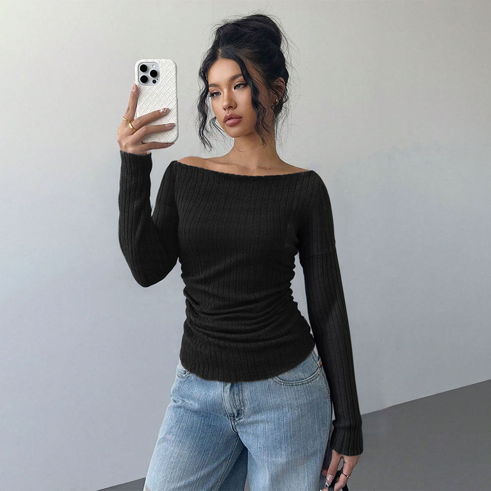 Damen Langarmshirt Schulterfrei Elegante Raffung Eveloria - Eveloria