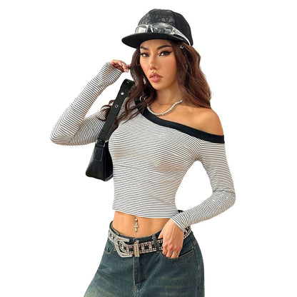Damen Langarmshirt Gestreift Off-Shoulder Eveloria