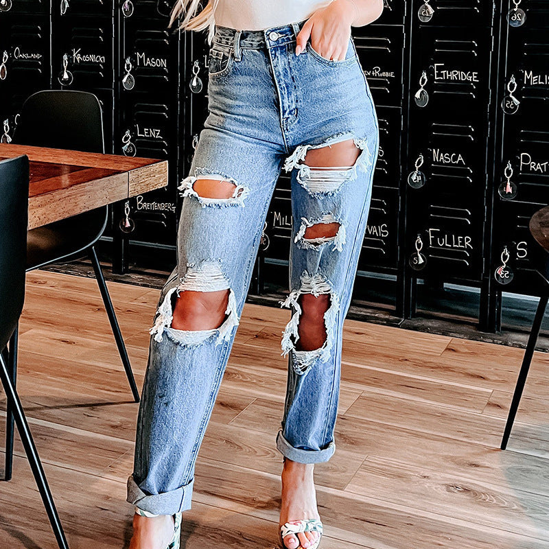 Damen Hochgeschnittene Destroyed Boyfriend Jeans Eveloria - Eveloria