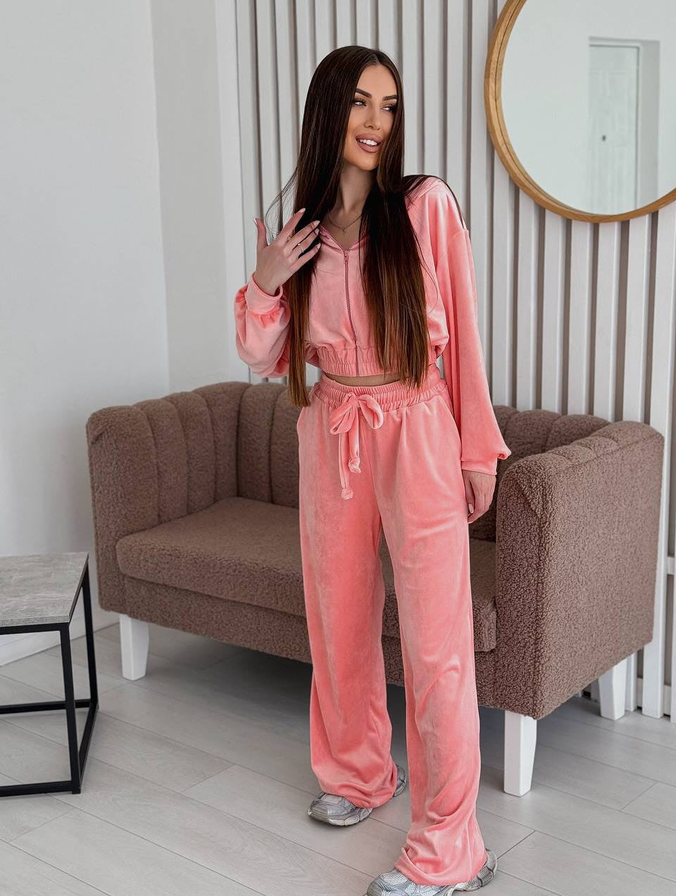Damen Velours Freizeitanzug Cropped Oberteil Weites Bein
