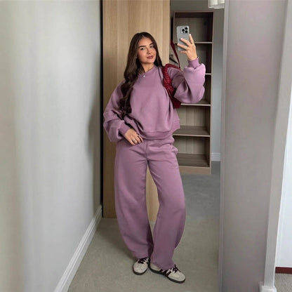 Damen Sweatshirt Set Cropped Oberteil Weite Jogginghosen Grau