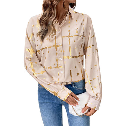Damen Bluse mit Goldmuster und langen Ärmeln