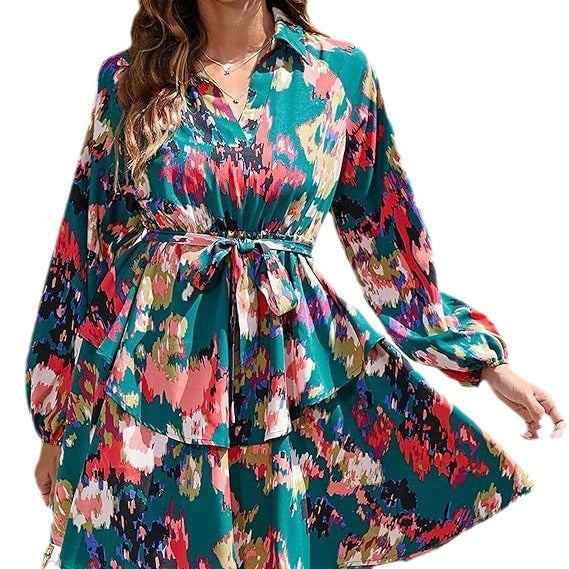 Damen Blusenkleid Floralmuster Mit Bindegürtel Eveloria