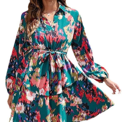 Damen Blusenkleid Floralmuster Mit Bindegürtel Eveloria