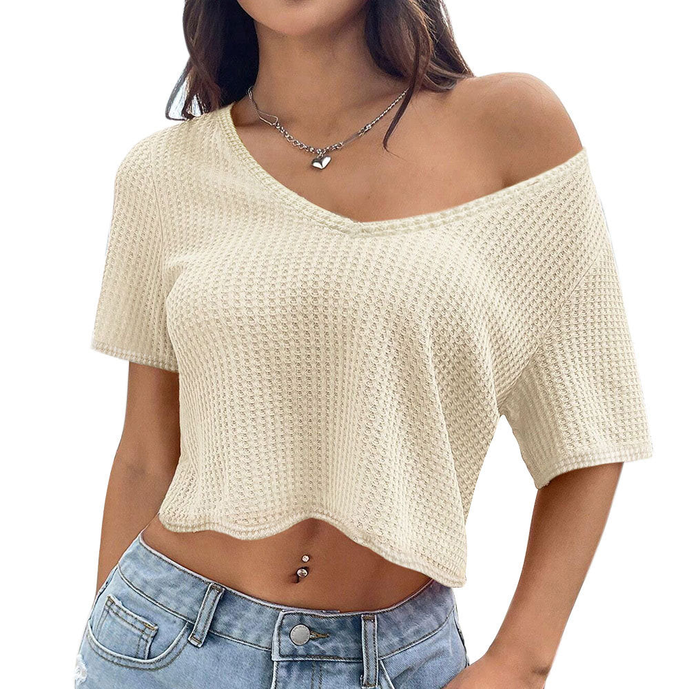 Damen Cropped T-Shirt Asymmetrischer V-Ausschnitt Luftig Weiß