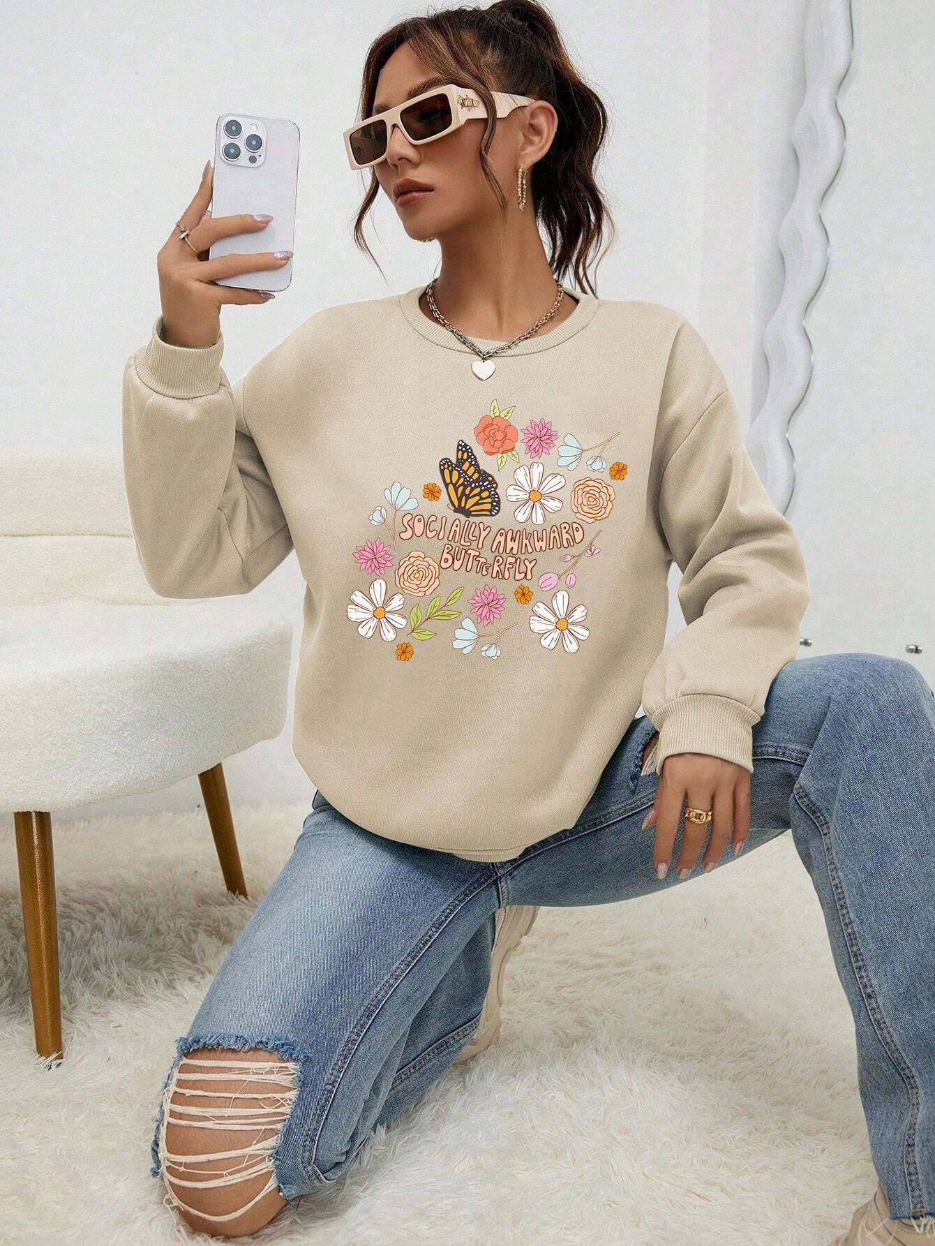 Damen Sweatshirt Floralmuster Weich Pastell