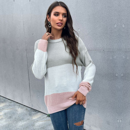 Damen Strickpullover Farbblock-Design Rundhalsausschnitt Leicht