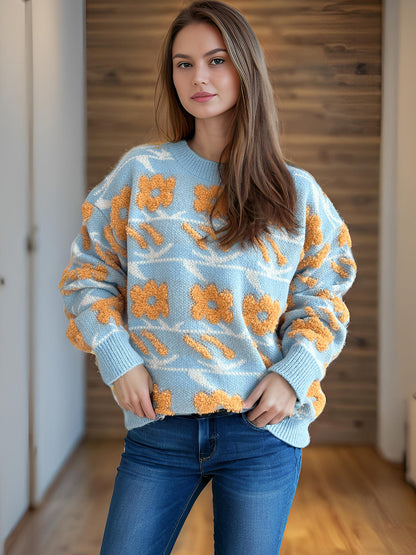 Damen Strickpullover Kuscheliger Floralmuster 3D-Applikationen
