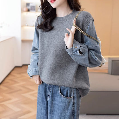 Damen Strickpullover Denim Ärmel Eveloria