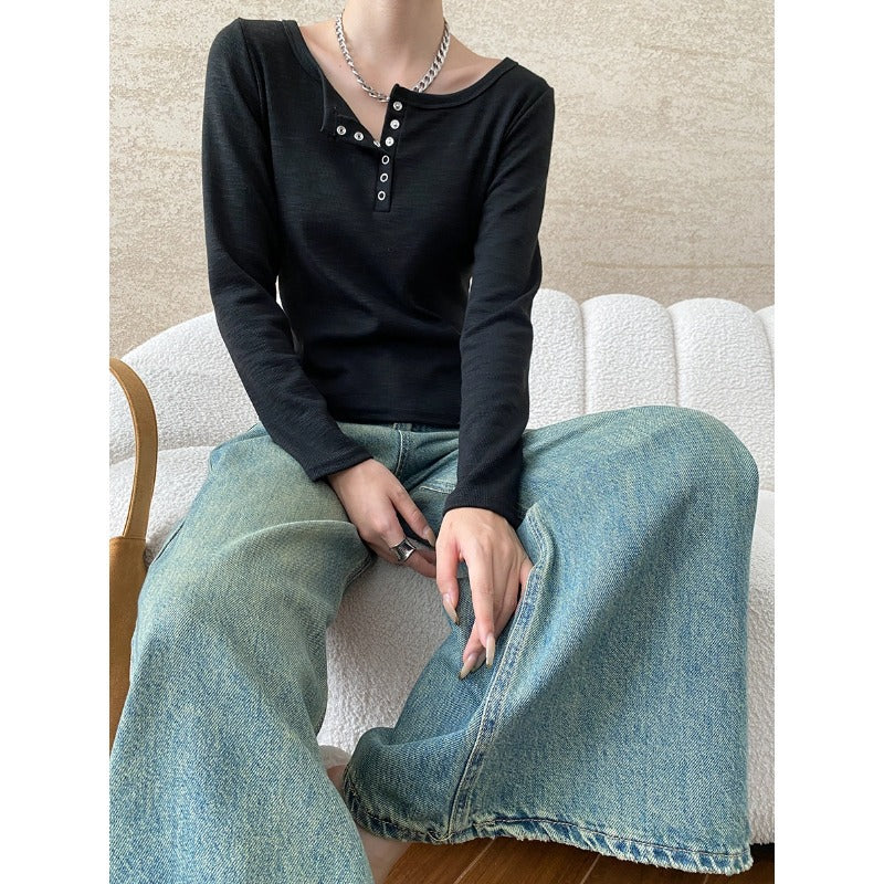 Damen Langarmshirt mit Knöpfen Eveloria
