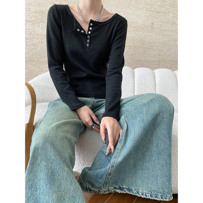 Damen Langarmshirt mit Knöpfen Eveloria