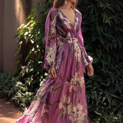 Damen Maxi-Kleid Florales Muster Voluminöse Ärmel Eveloria