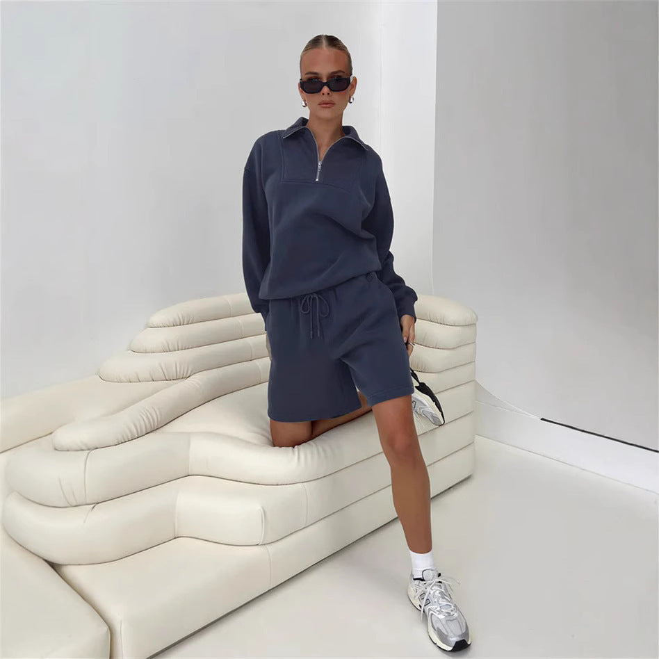 Damen Sweatshirt-Short-Anzug Stehkragen Reißverschluss Grau
