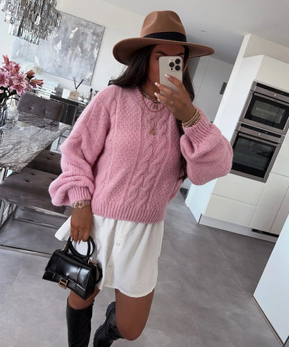 Damen Grobstrickpullover Voluminöse Ärmel Zopfmuster