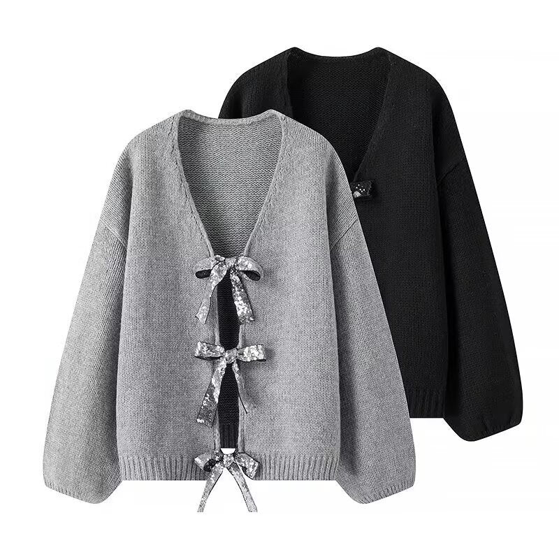 Damen Strickcardigan mit Schleifen Grau - Eveloria