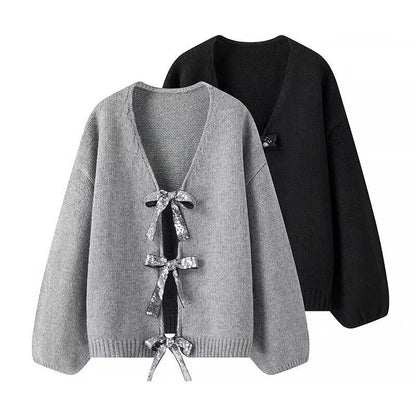 Damen Strickcardigan mit Schleifen Grau - Eveloria