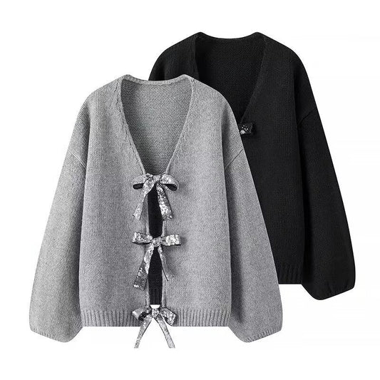 Damen Strickcardigan mit Schleifen Grau - Eveloria