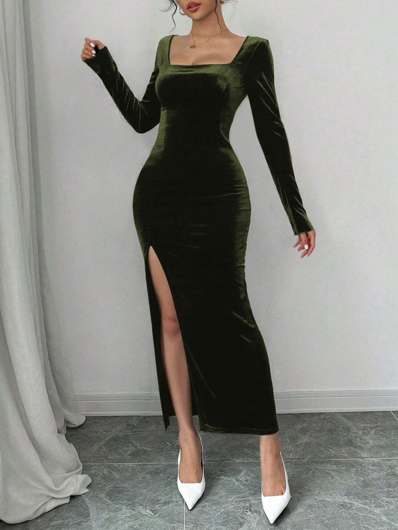 Damen Samt Maxikleid V-Ausschnitt Elegant Eveloria