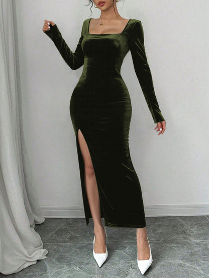 Damen Samt Maxikleid V-Ausschnitt Elegant Eveloria