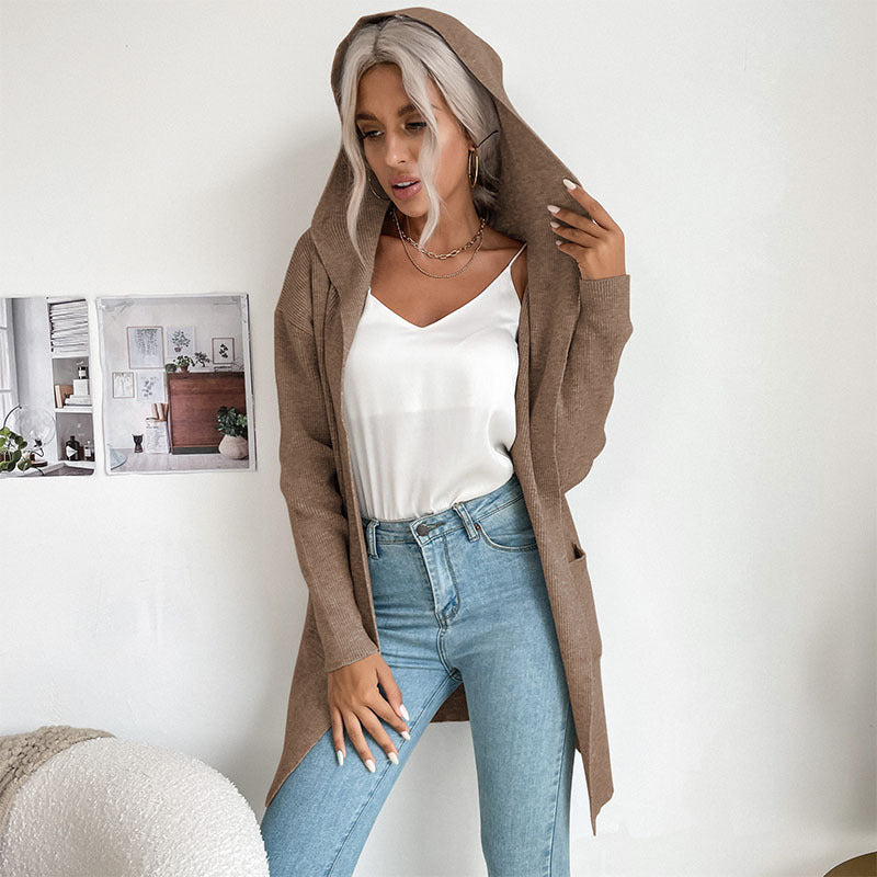 Damen Strickcardigan Lässig Hoher Kragen Offene Vorderseite Beige