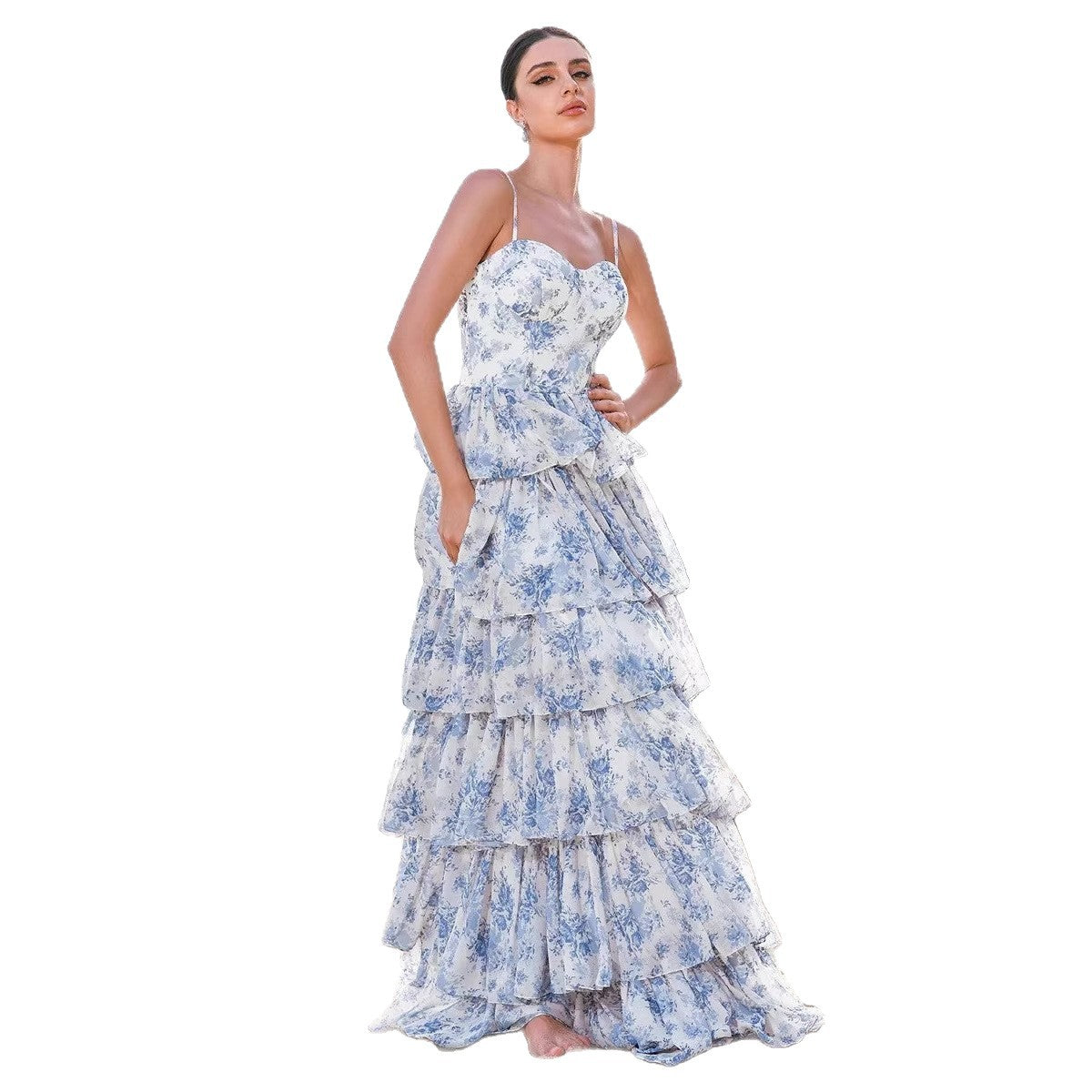 Damen Maxikleid Boho-Stil Floralmuster Herz-Ausschnitt