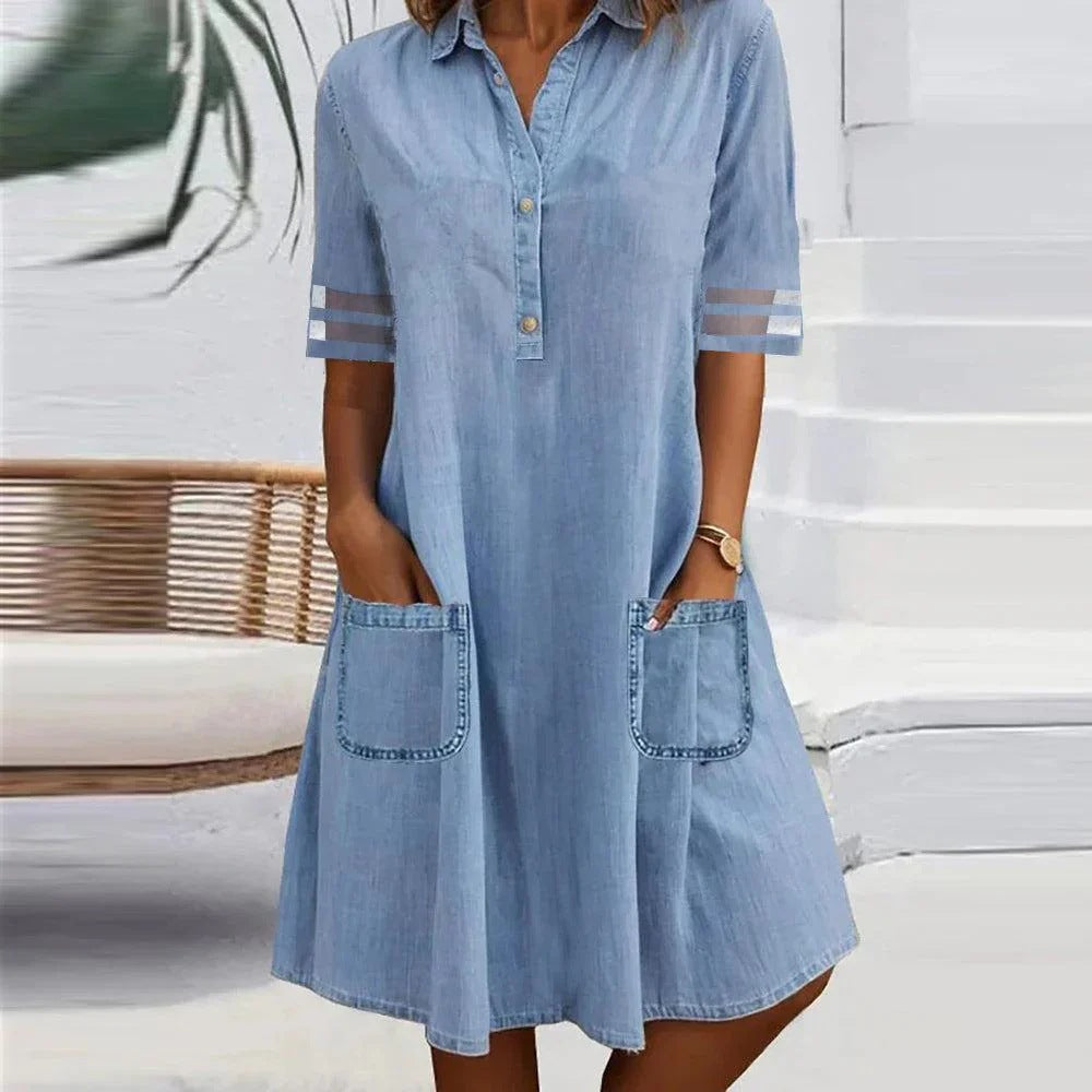 Damen Hemdblusenkleid mit Taschen Moderner Schnitt Eveloria