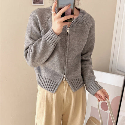 Damen Cardigan Reißverschluss Rippbündchen Weich Grau Eveloria