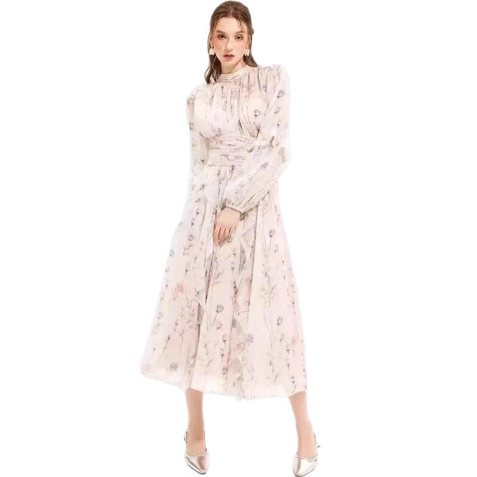 Damen Maxikleid Florale Rüschen Halsbündchen Eveloria