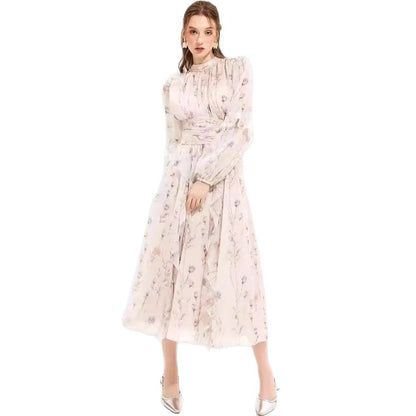 Damen Maxikleid Florale Rüschen Halsbündchen Eveloria