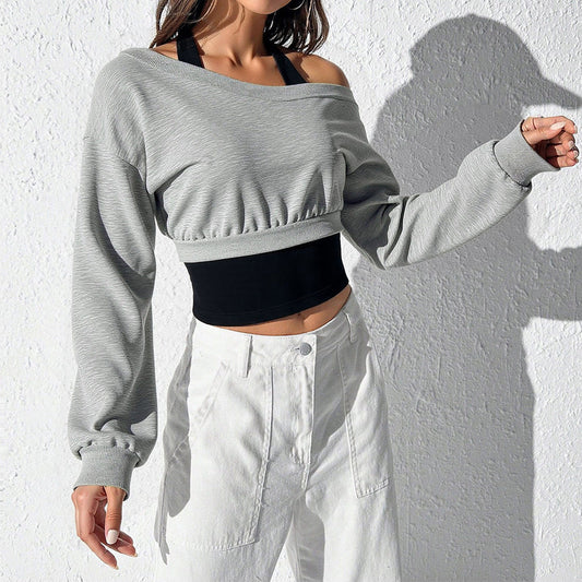 Damen Cropped Sweatshirt Offene Schulter Elastisch Grau - Eveloria