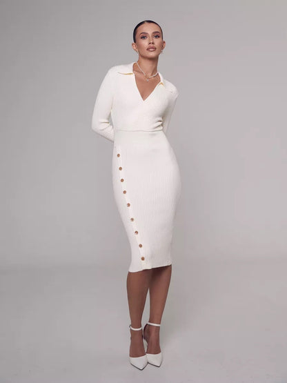 Damen Strickkleid Klassischer Kragen Knöpfe Beige