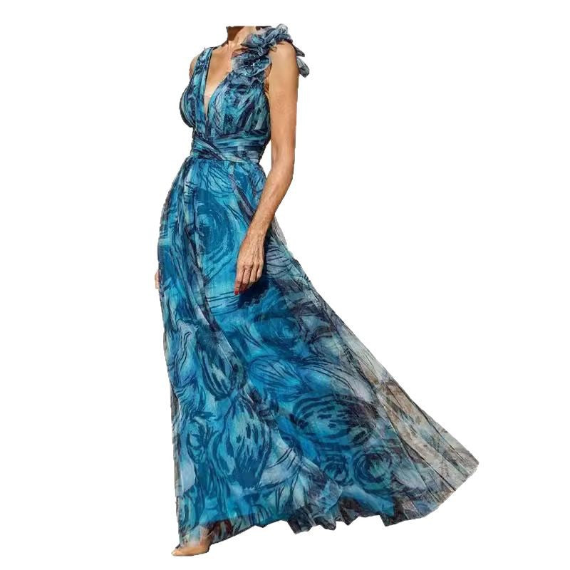 Damen Maxikleid Leichtes Chiffon Mit Spitzenrändern