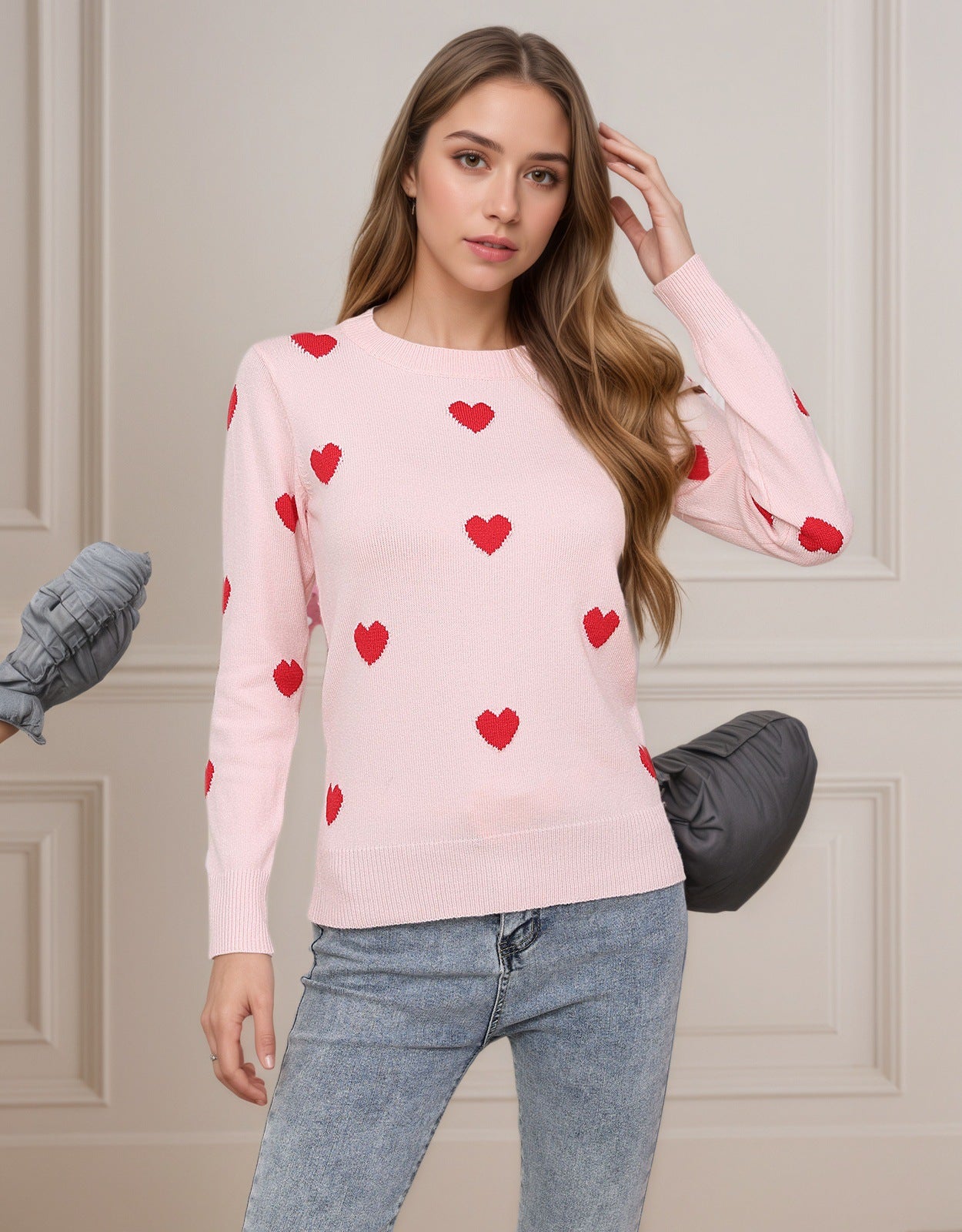 Damen Strickpullover Herz-Design Feine Struktur