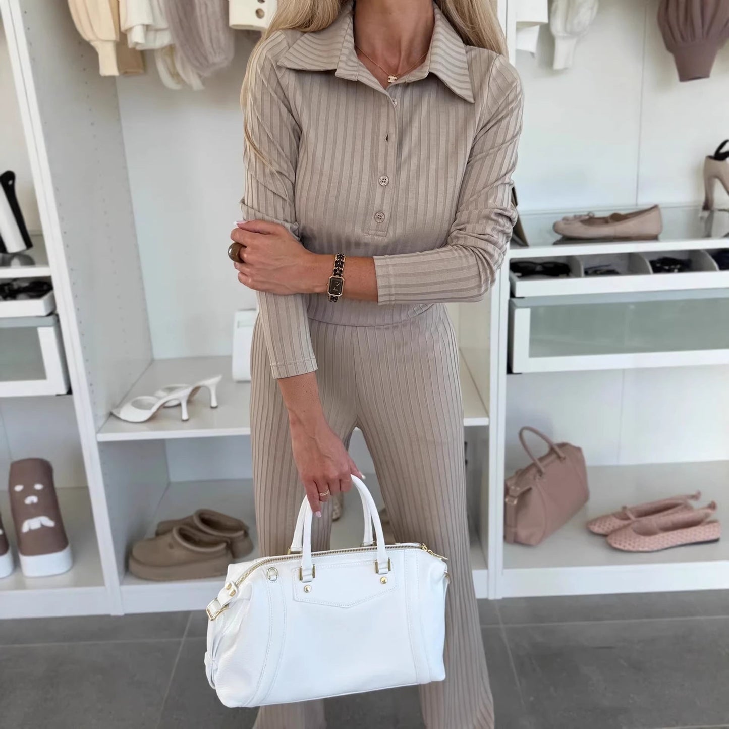 Damen Strickanzug Polo Kragen Elastisch Grau