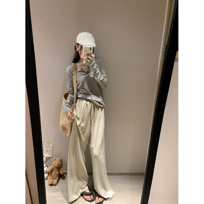 Damen Langarmshirt Streifenmuster Knopfdesign Weiß