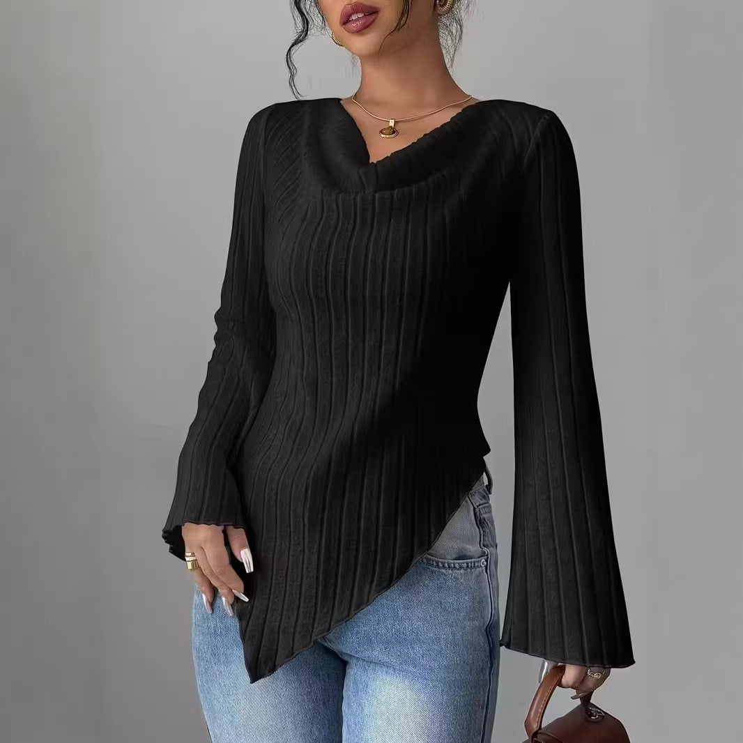 Damen Oberteil Langärmlig Asymmetrisch Rippdesign Eveloria