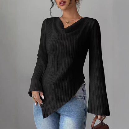 Damen Oberteil Langärmlig Asymmetrisch Rippdesign Eveloria