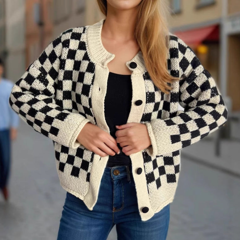 Damen Strickjacke Gemustert Große Knöpfe Lockerer Schnitt