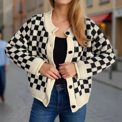 Damen Strickjacke Gemustert Große Knöpfe Lockerer Schnitt