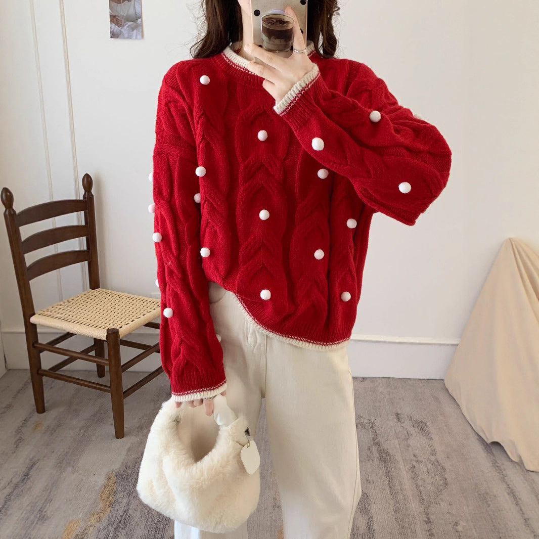 Damen Oversize Pullover Grobgestrickt Lässig Zopfmuster Beige