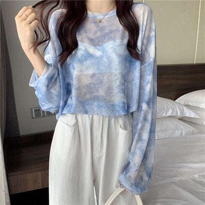 Damen Longsleeve-Oberteil Transparent Tie-Dye Muster