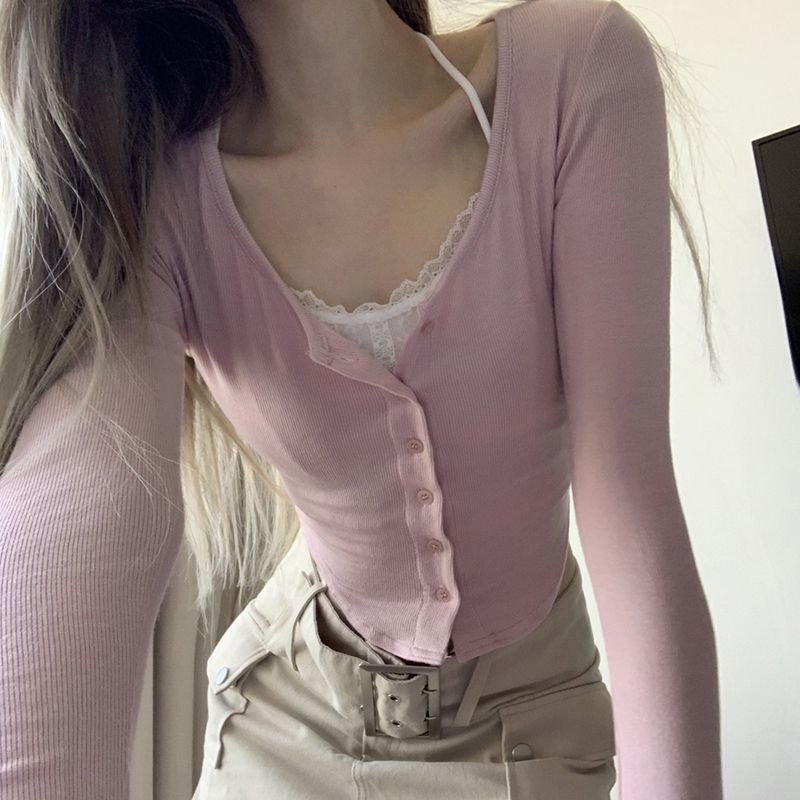 Damen Cropped Langarmshirt mit Knöpfen und Trägerdetails