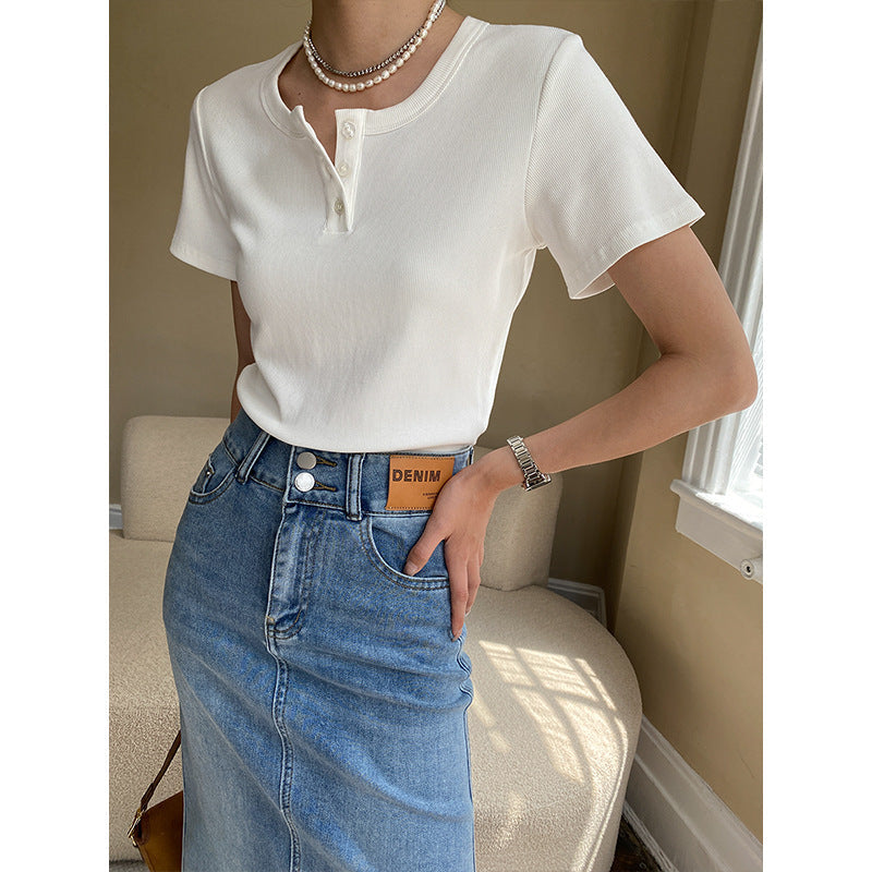 Damen Kurzarm Henley-Shirt mit Knöpfen Eveloria - Eveloria