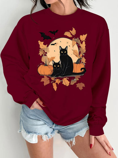 Damen Sweatshirt Herbstlich Katzen Kürbis Design Eveloria