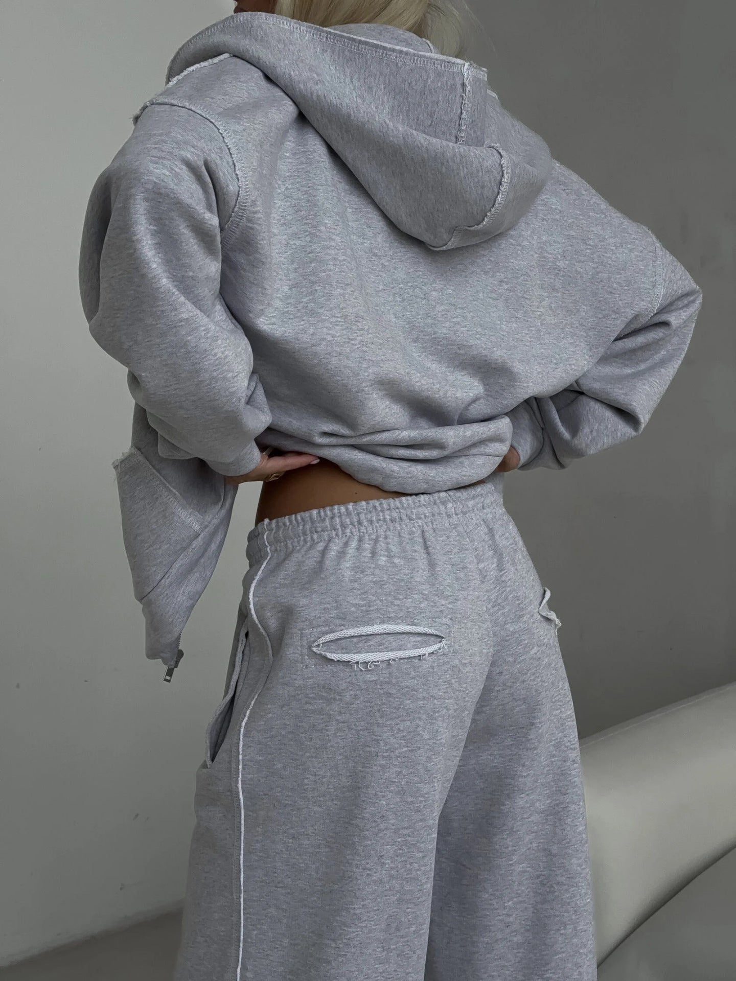 Damen Oversize Hoodie Jogginghose Set Baumwolle Beige