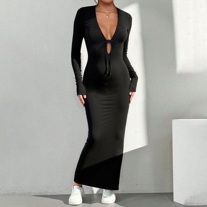 Damen Maxikleid V-Ausschnitt Knotenverschluss