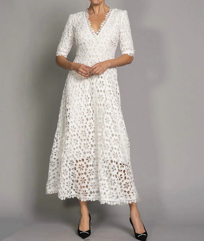 Damen Maxikleid mit Floralmuster Cut-Outs Spitzenkragen